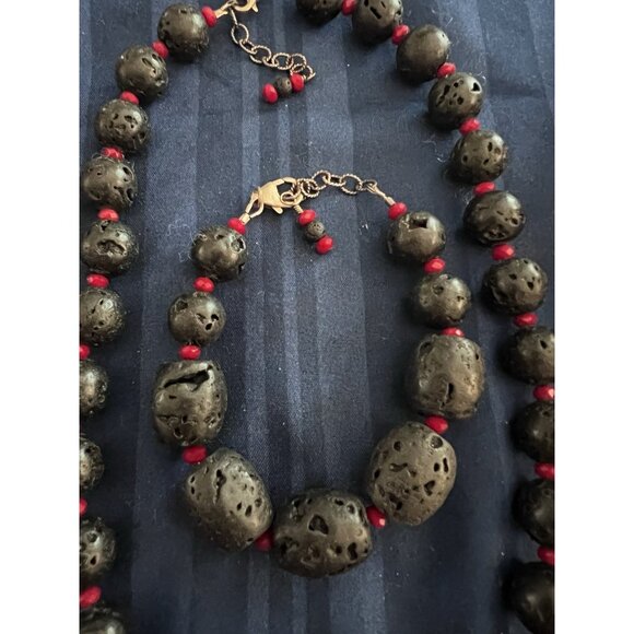 Natural Lava Stone Mala Bead Necklace, Bracelet Earrings Set. Adjustable - Picture 4 of 5